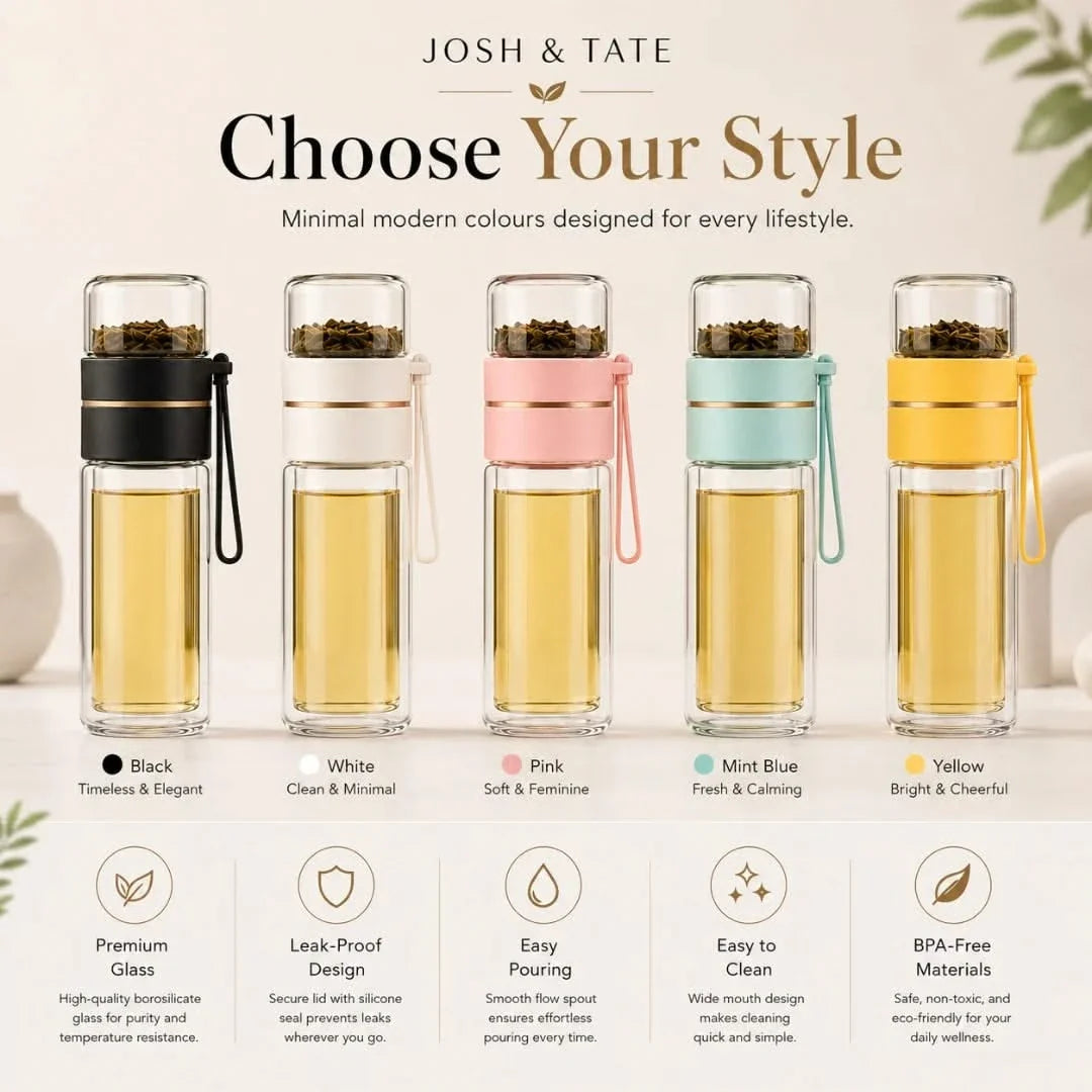 Dual-Chamber Glass Tea Infuser Bottle with Stainless Filter – Leak-Proof Travel Tumbler for Loose Leaf Tea & Herbal Infusions | Thomler