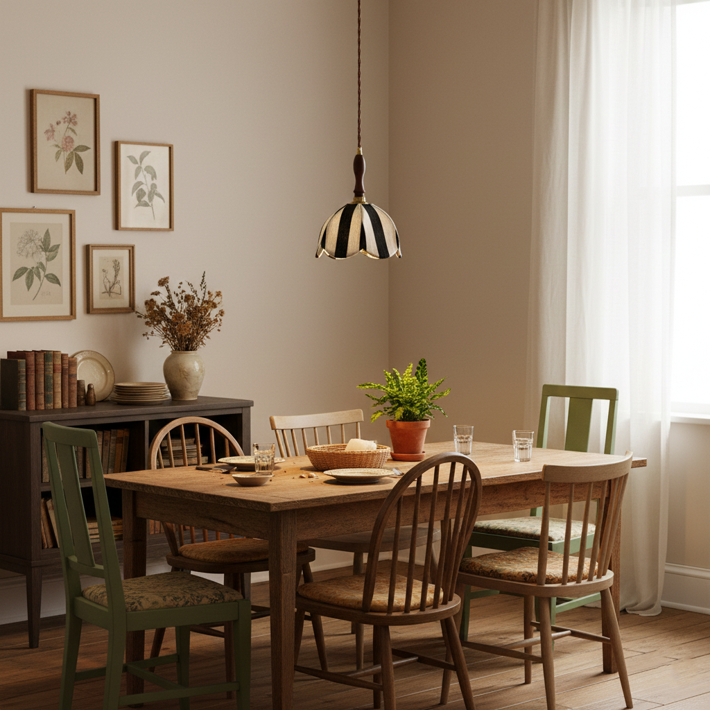 Pendant Light Wood 7.9 in Black White Striped Fabric Tulip Shape Dining Room Accent Lighting | Thomler