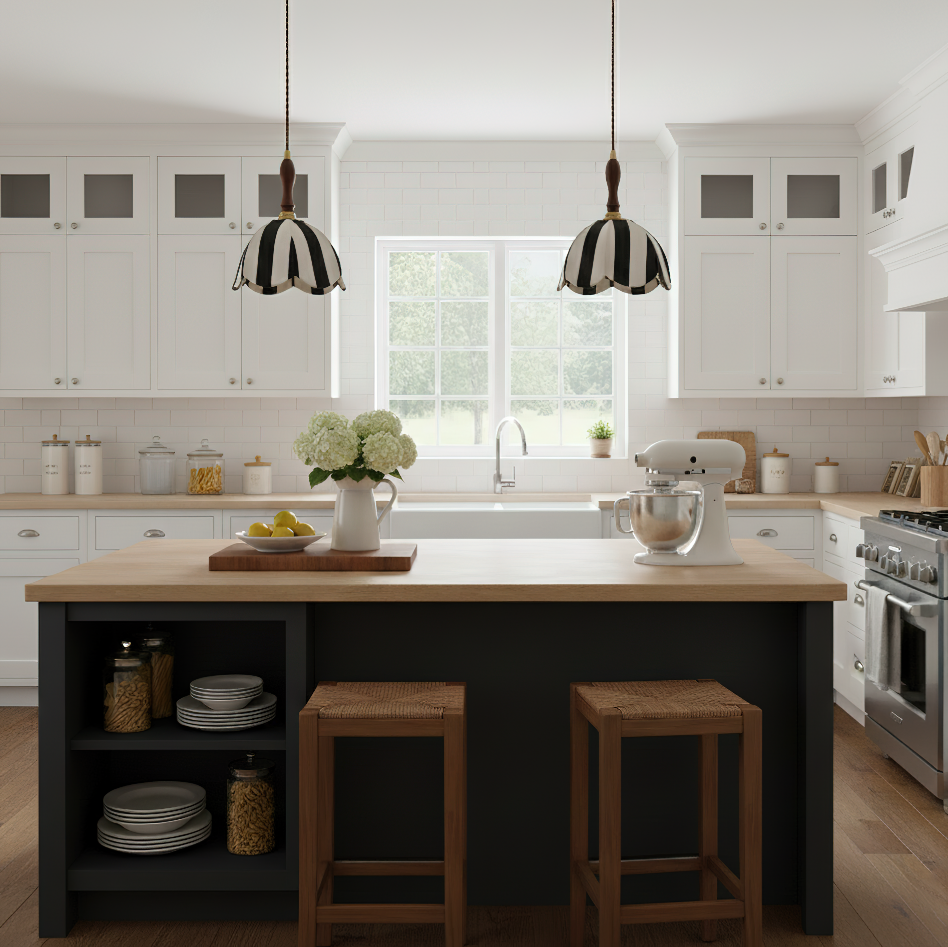 Pendant Light Wood 7.9 in Black White Striped Fabric Tulip Shape Dining Room Accent Lighting | Thomler