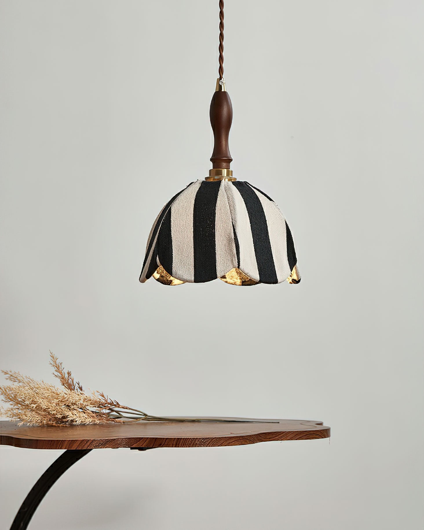 Pendant Light Wood 7.9 in Black White Striped Fabric Tulip Shape Dining Room Accent Lighting | Thomler