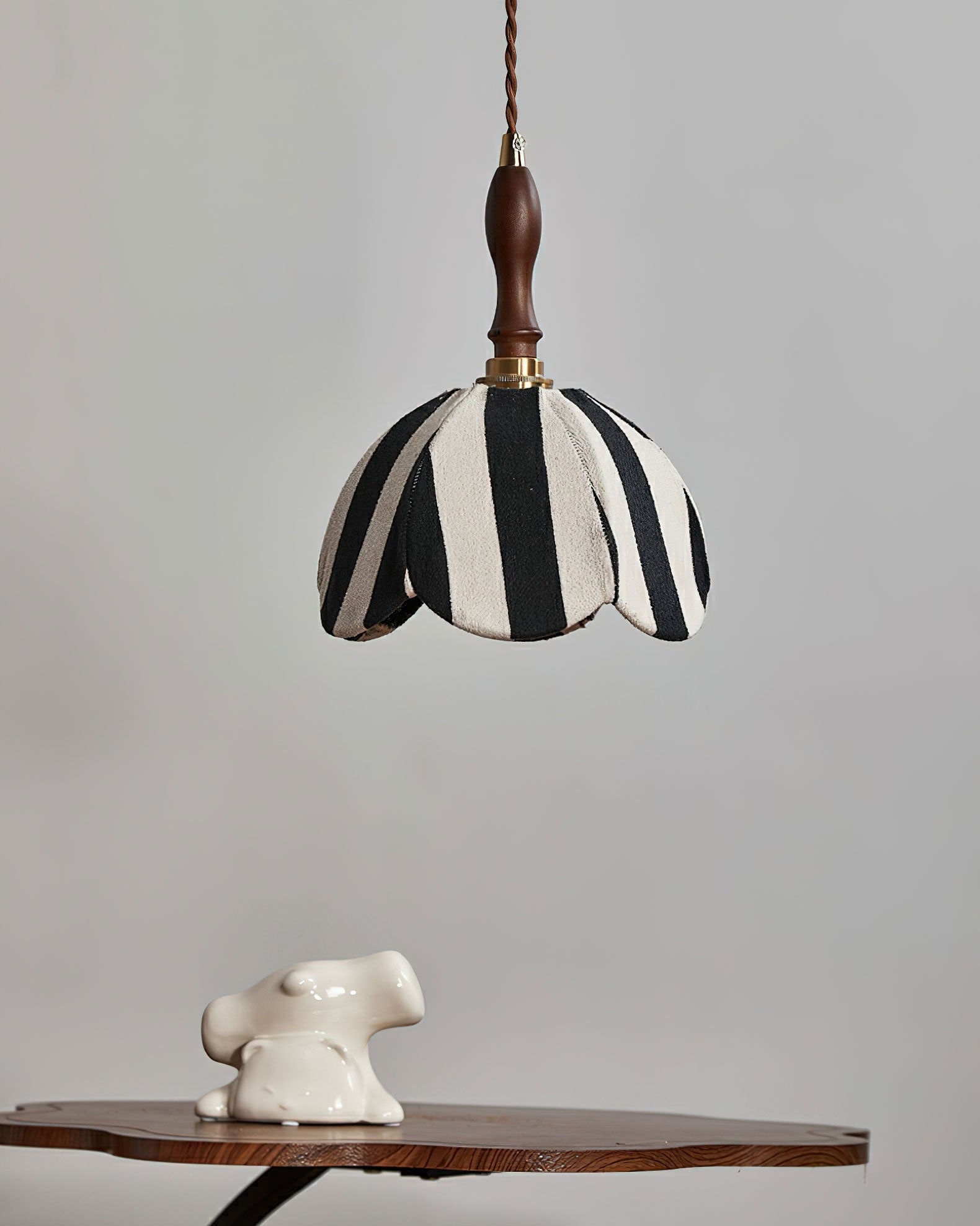 Pendant Light Wood 7.9 in Black White Striped Fabric Tulip Shape Dining Room Accent Lighting | Thomler