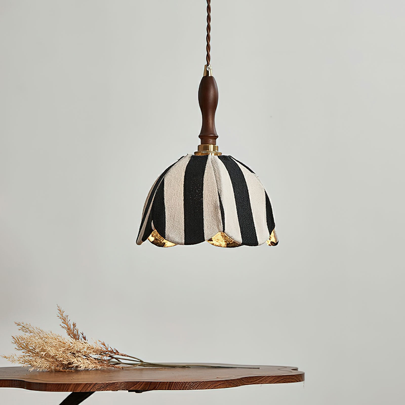 Pendant Light Wood 7.9 in Black White Striped Fabric Tulip Shape Dining Room Accent Lighting | Thomler