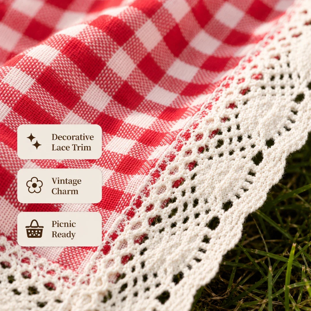 Checkered Outdoor Blanket with Lace Edge – Red Picnic Throw for Parks, Beaches & Backyard Gatherings – Machine Washable – Folds Compact | Thomler