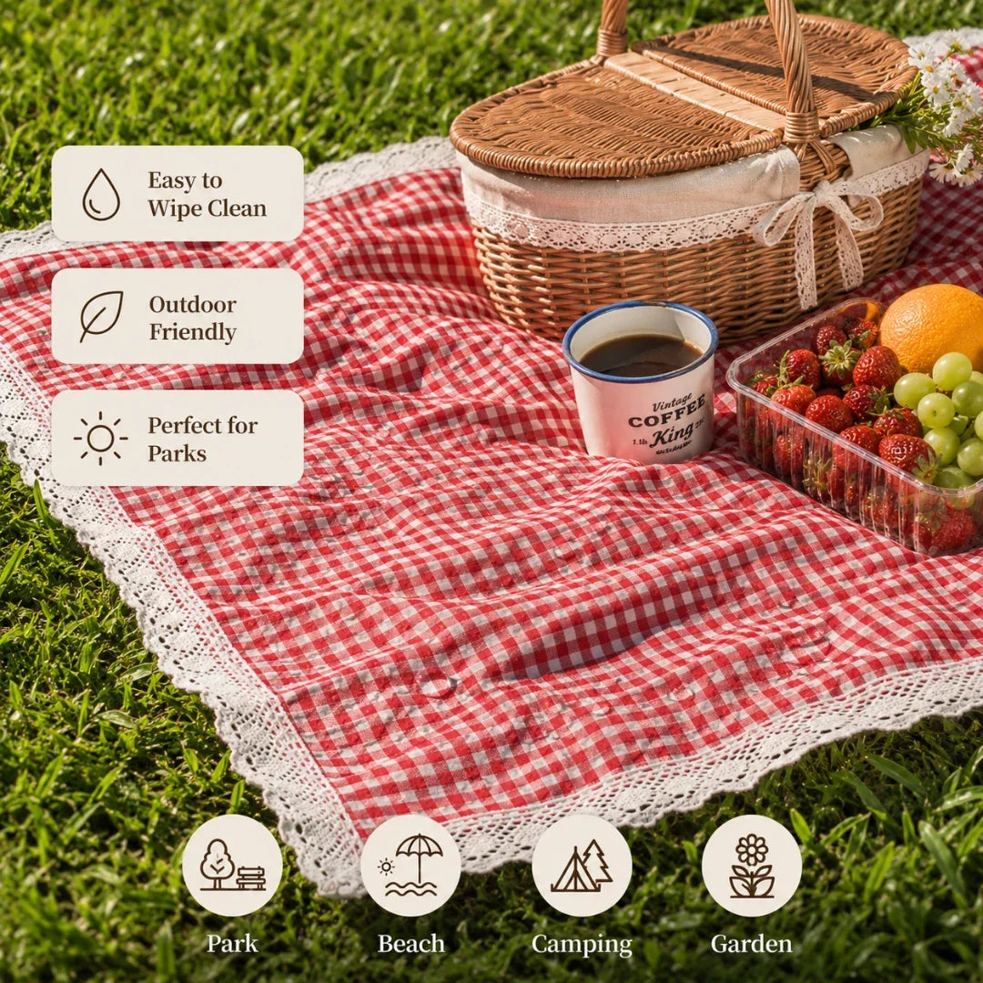 Checkered Outdoor Blanket with Lace Edge – Red Picnic Throw for Parks, Beaches & Backyard Gatherings – Machine Washable – Folds Compact | Thomler