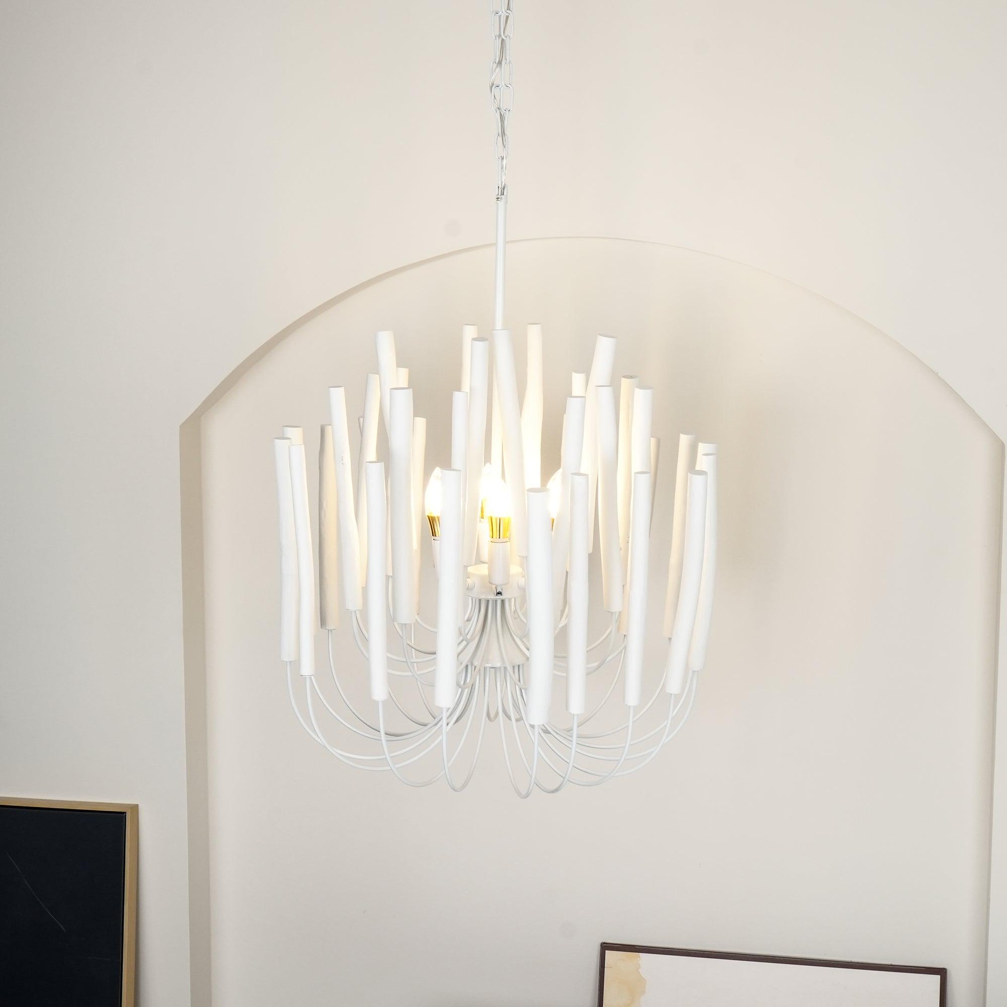 Chandelier Wood Metal 31.5 in Round Whitewash Living Room Dining Bedroom Lighting Fixture | Thomler