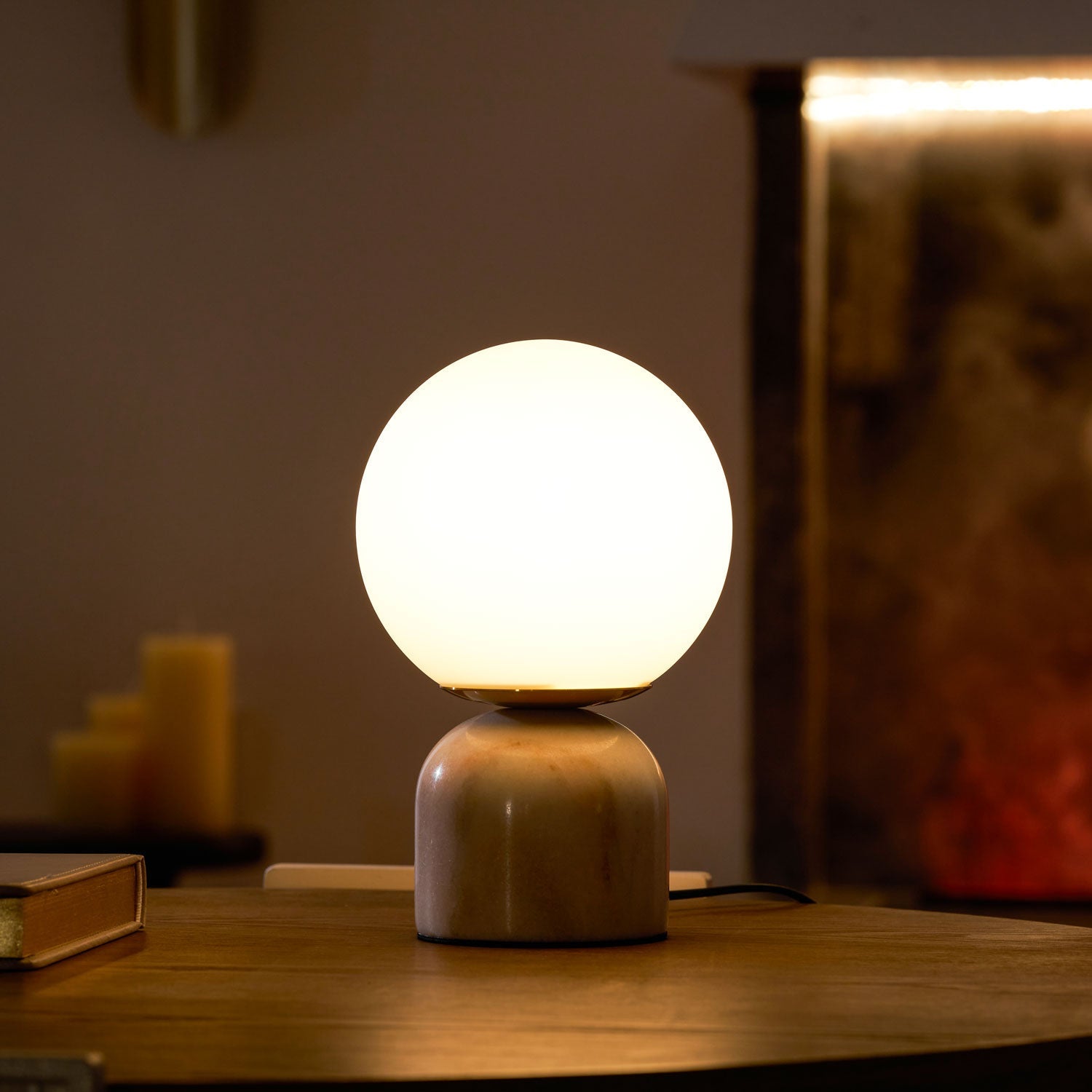 Marble Table Lamp 9.1 in (23.0 cm) Glass Globe Indoor Ambient Lighting Minimalist Modern Desk Light | Thomler