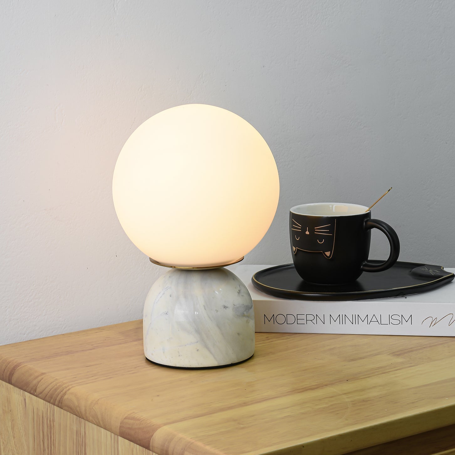 Marble Table Lamp 9.1 in (23.0 cm) Glass Globe Indoor Ambient Lighting Minimalist Modern Desk Light | Thomler