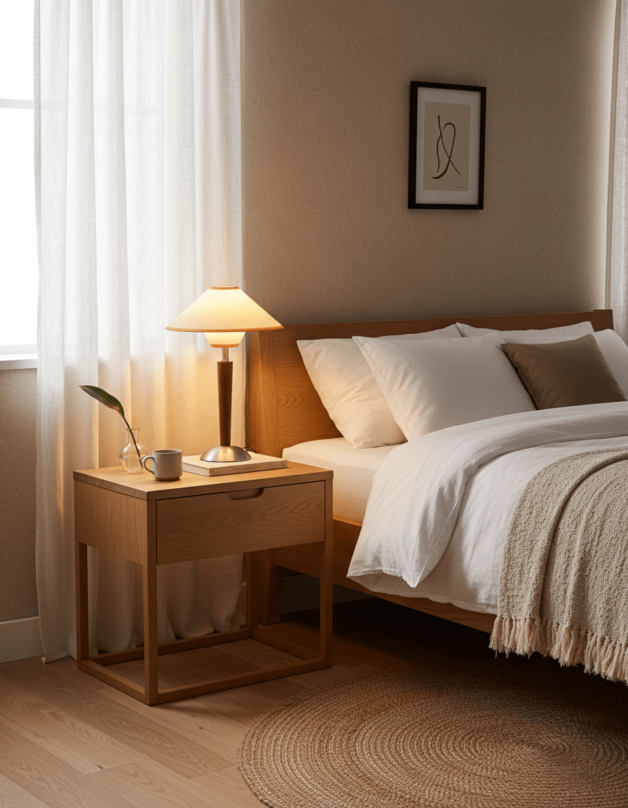 Wood Table Lamp 17.3 in Fabric Shade E26 Bedroom Nightstand Living Room Modern Lighting | Thomler