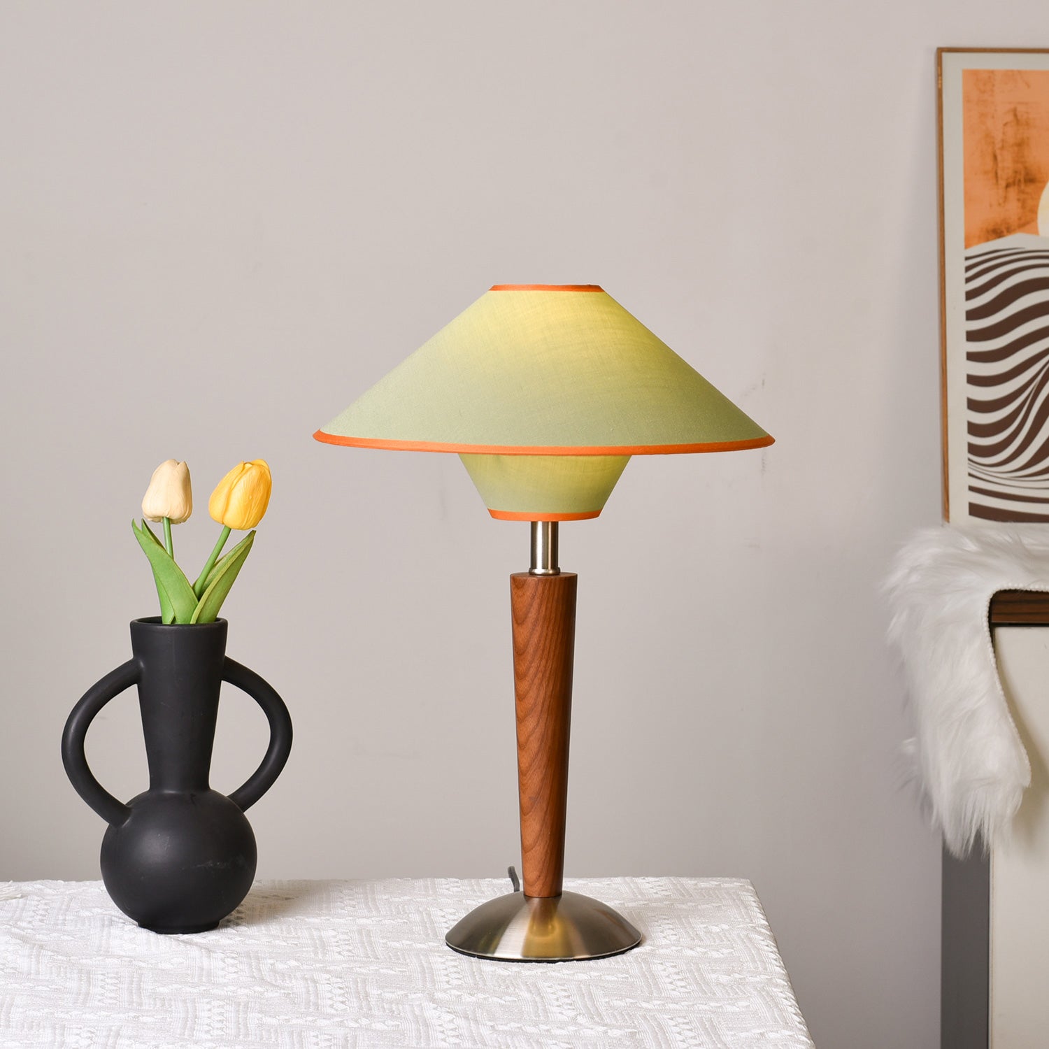 Wood Table Lamp 17.3 in Fabric Shade E26 Bedroom Nightstand Living Room Modern Lighting | Thomler