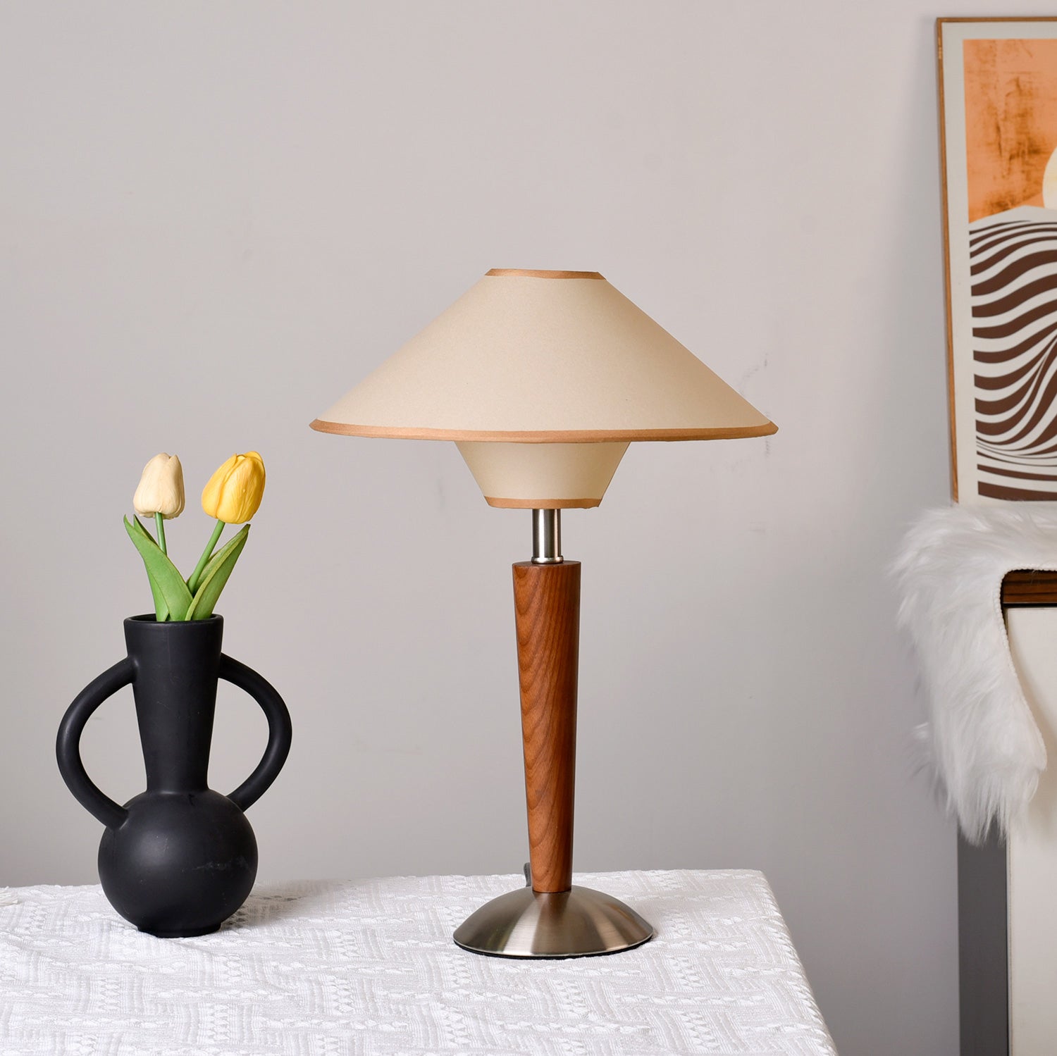 Wood Table Lamp 17.3 in Fabric Shade E26 Bedroom Nightstand Living Room Modern Lighting | Thomler