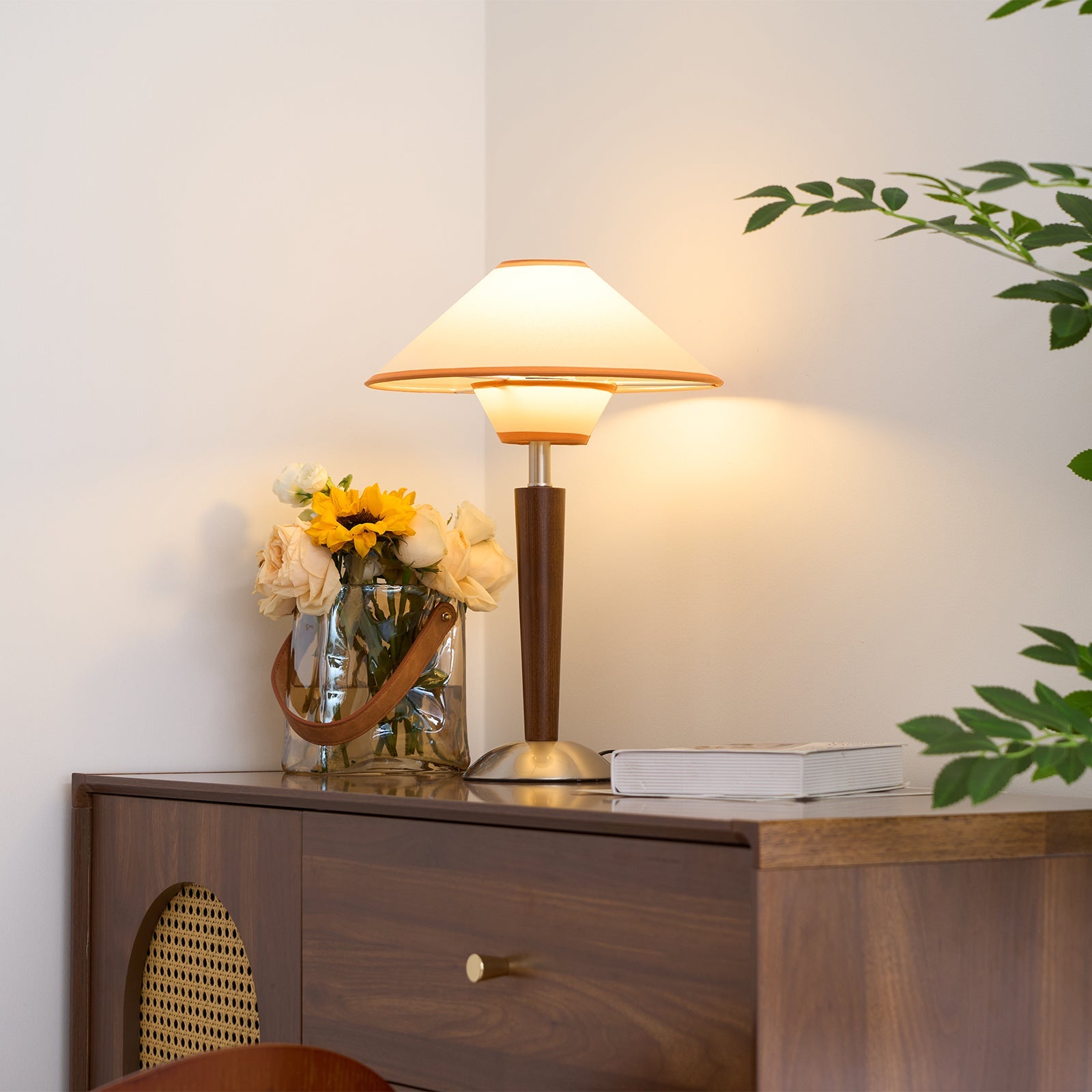 Wood Table Lamp 17.3 in Fabric Shade E26 Bedroom Nightstand Living Room Modern Lighting | Thomler