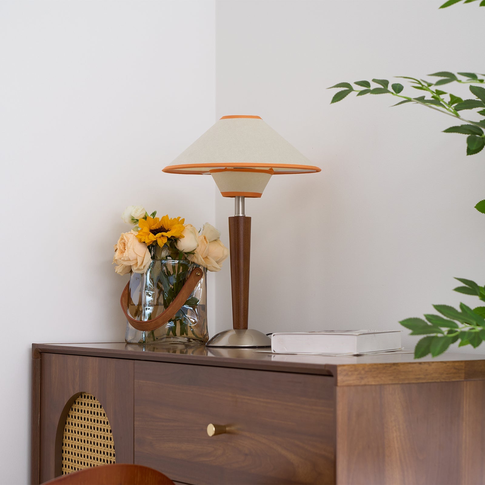 Wood Table Lamp 17.3 in Fabric Shade E26 Bedroom Nightstand Living Room Modern Lighting | Thomler