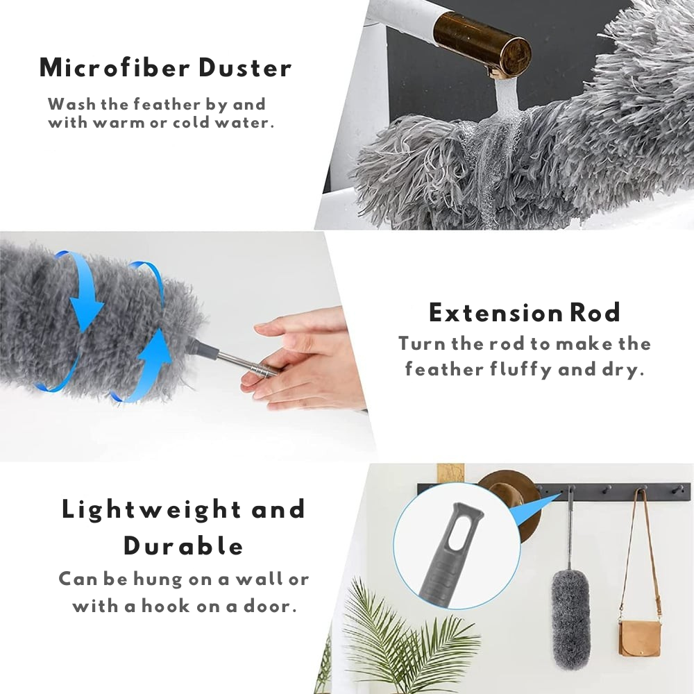 Extendable Microfiber Duster with Telescoping Handle – Bendable Head, Washable, Reaches 8 Feet for Ceiling Fans, High Shelves, Baseboards | Thomler