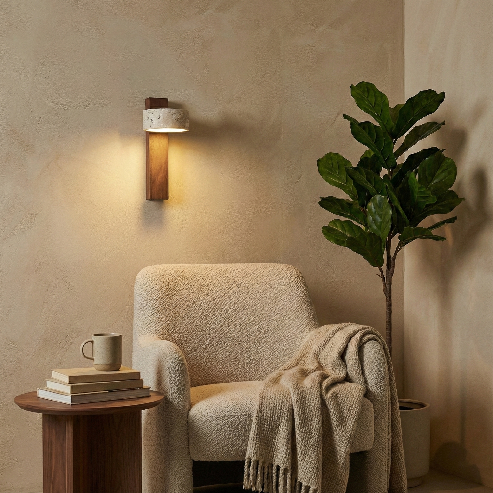 Wall Light Wood Yellow Travertine 9 in Tilted LED Indoor Bathroom Accent Lighting Modern | Thomler