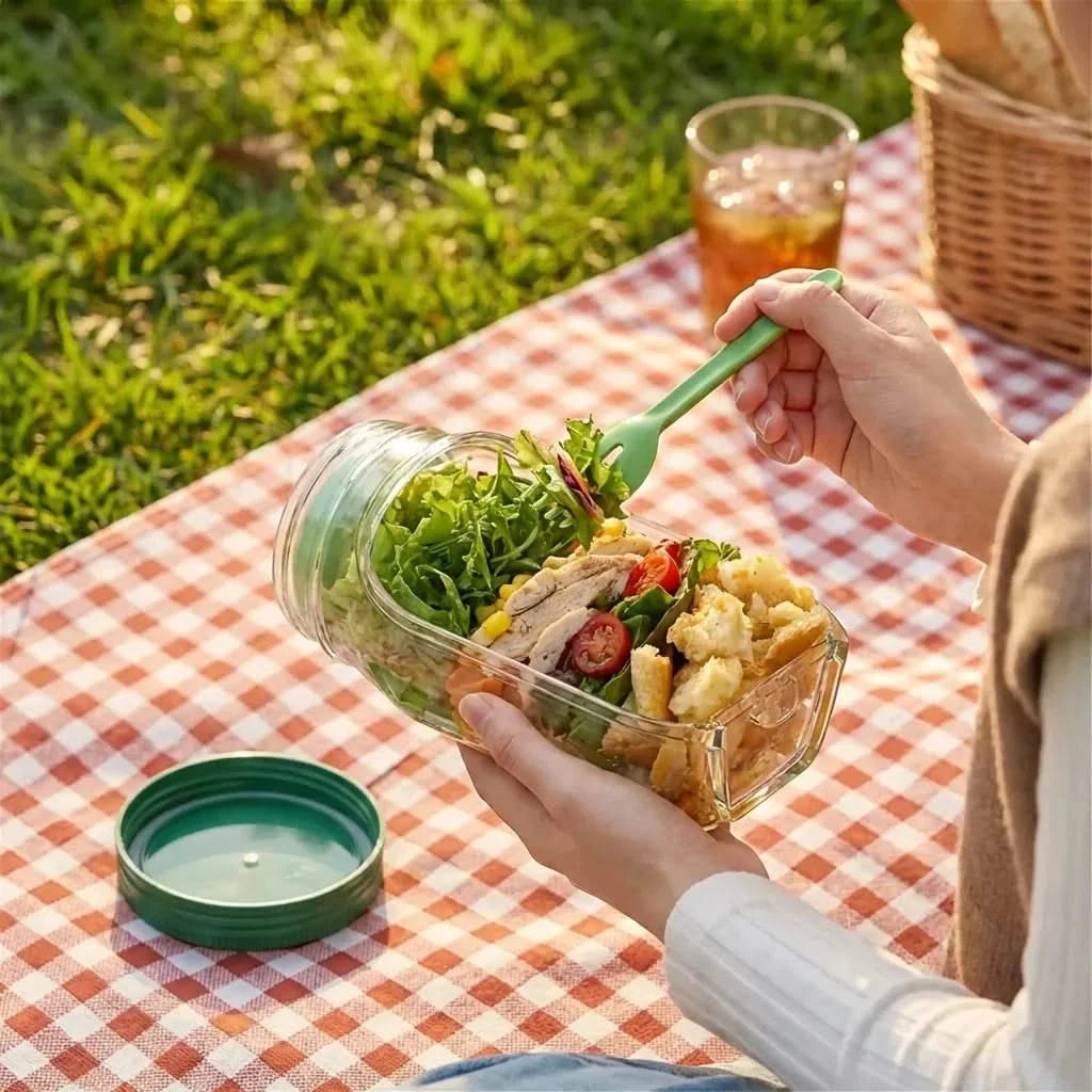 Mason-Style Glass Lunch Container with Separate Dressing Compartment for Fresh Greens and Toppings | Thomler