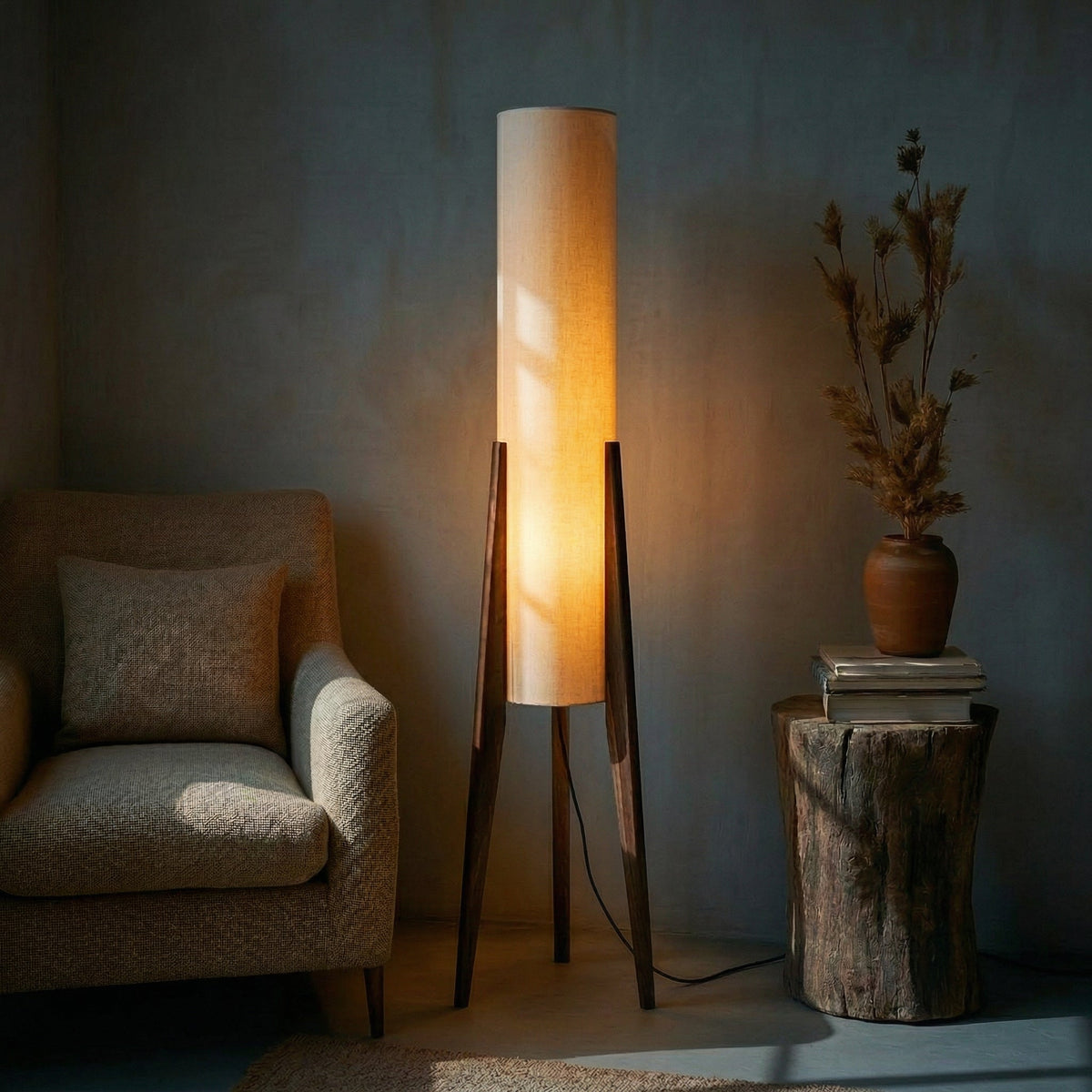 Sculptural Wood Floor Lamp with Brass Accents & Fabric Shade for Living Room, Bedroom & Office | Thomler