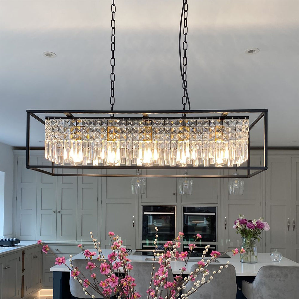 Pendant Light Crystal Glass 90.0 cm Black 5 Light Kitchen Island Dining Table Rectangular Ceiling Hanging Fixture | Thomler