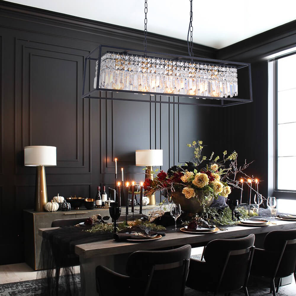 Pendant Light Crystal Glass 90.0 cm Black 5 Light Kitchen Island Dining Table Rectangular Ceiling Hanging Fixture | Thomler