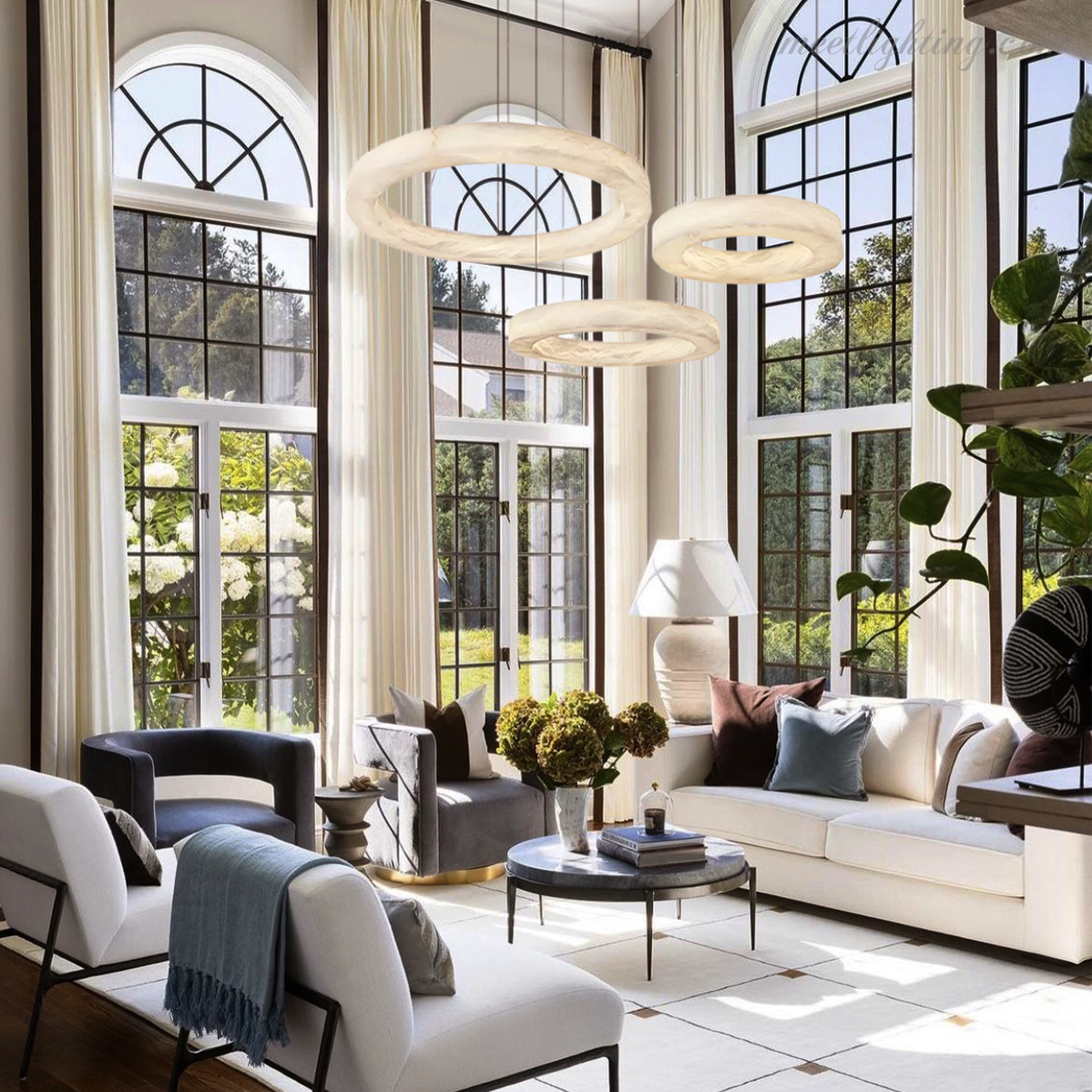 Circular Alabaster LED Ceiling Light with Brass Frame for Dining Room & Living Room | Modern Flush Mount Fixture | Thomler