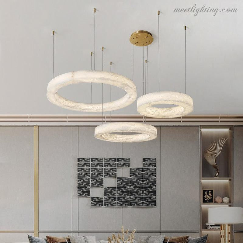 Circular Alabaster LED Ceiling Light with Brass Frame for Dining Room & Living Room | Modern Flush Mount Fixture | Thomler