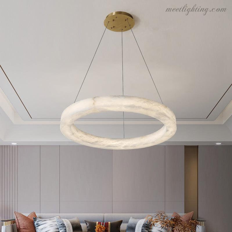 Circular Alabaster LED Ceiling Light with Brass Frame for Dining Room & Living Room | Modern Flush Mount Fixture | Thomler