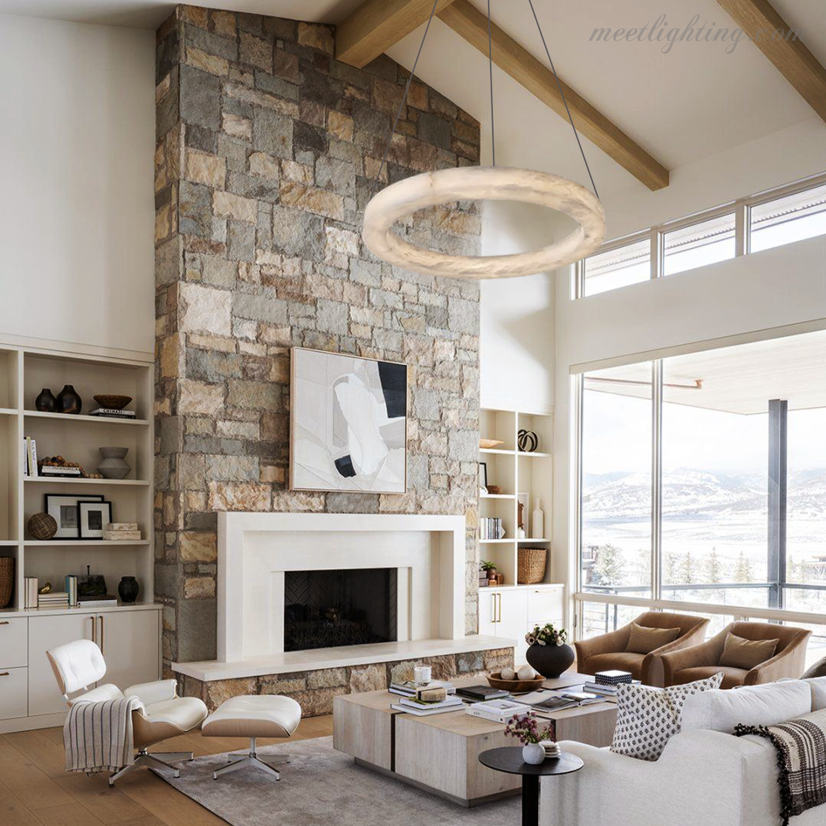 Circular Alabaster LED Ceiling Light with Brass Frame for Dining Room & Living Room | Modern Flush Mount Fixture | Thomler
