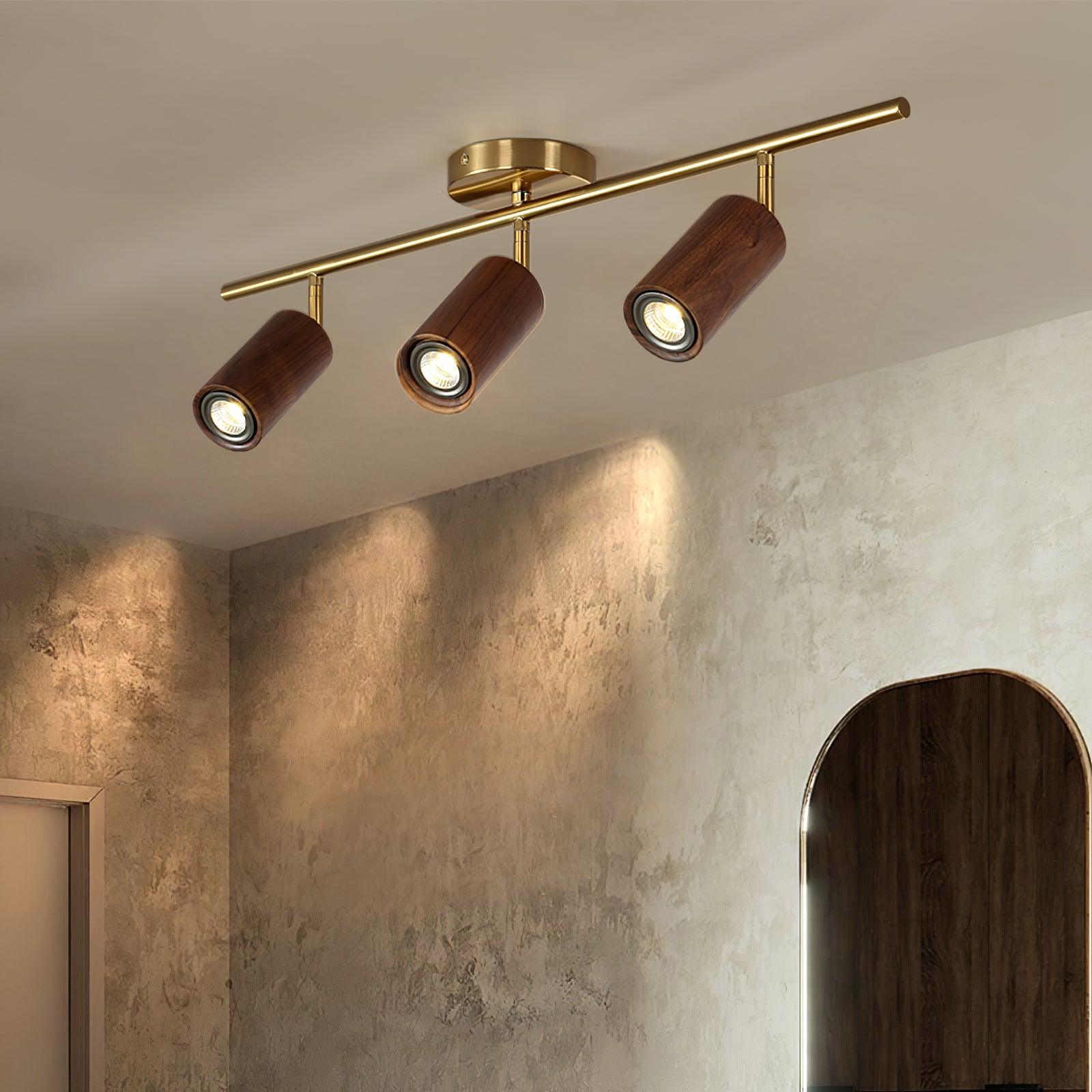 Track Light Walnut Wood Adjustable 31.4 in Multi-Head Ceiling Fixture Gold Finish Living Room Kitchen Hallway Lighting | Thomler