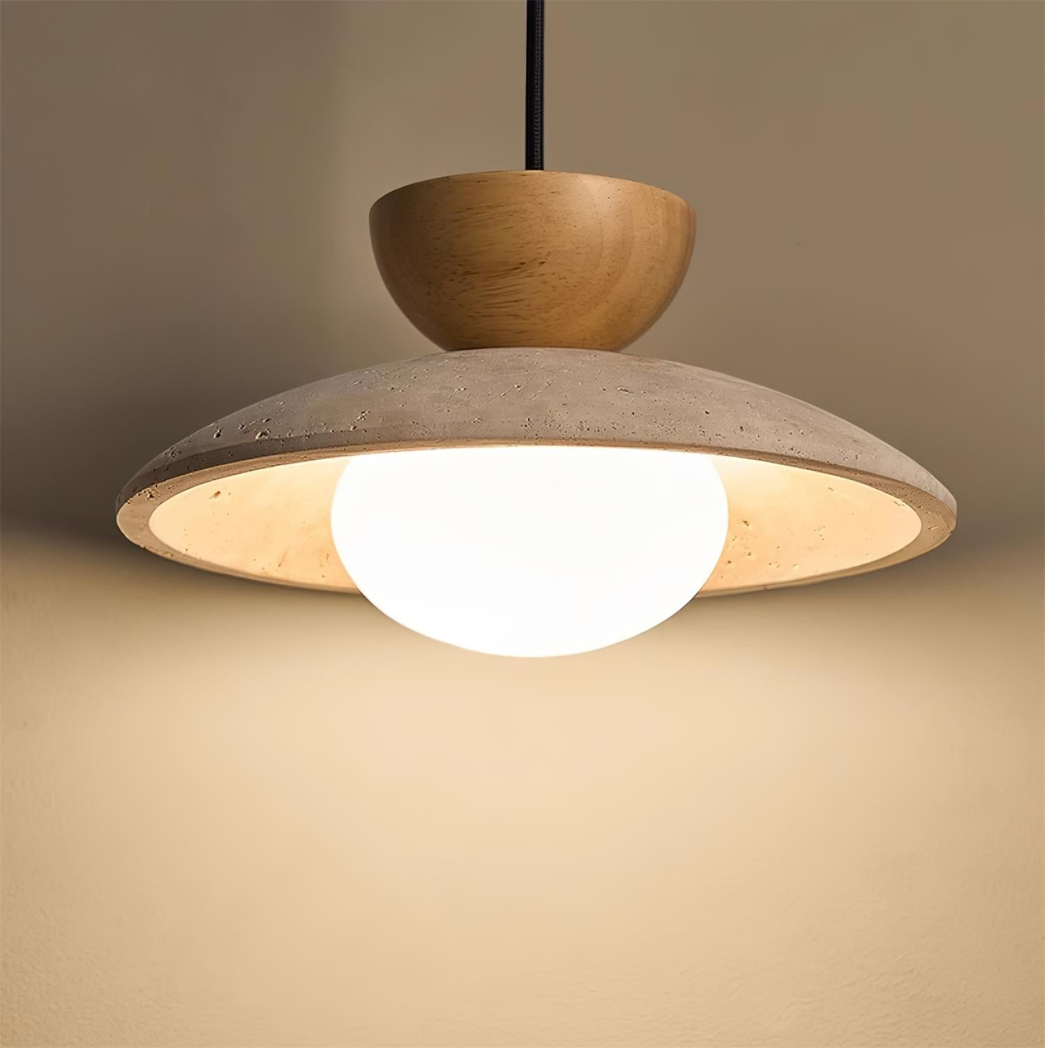 Travertine Stone Pendant Light with Wood Accent for Dining Room & Kitchen Island | Natural Glass Shade Hanging Ceiling Lamp | Thomler