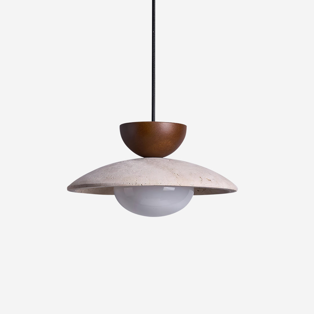 Travertine Stone Pendant Light with Wood Accent for Dining Room & Kitchen Island | Natural Glass Shade Hanging Ceiling Lamp | Thomler