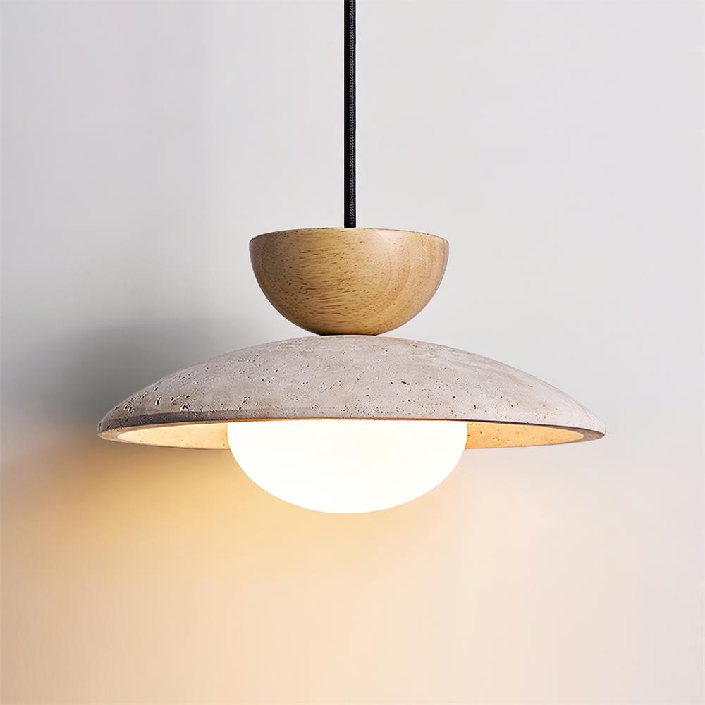 Travertine Stone Pendant Light with Wood Accent for Dining Room & Kitchen Island | Natural Glass Shade Hanging Ceiling Lamp | Thomler