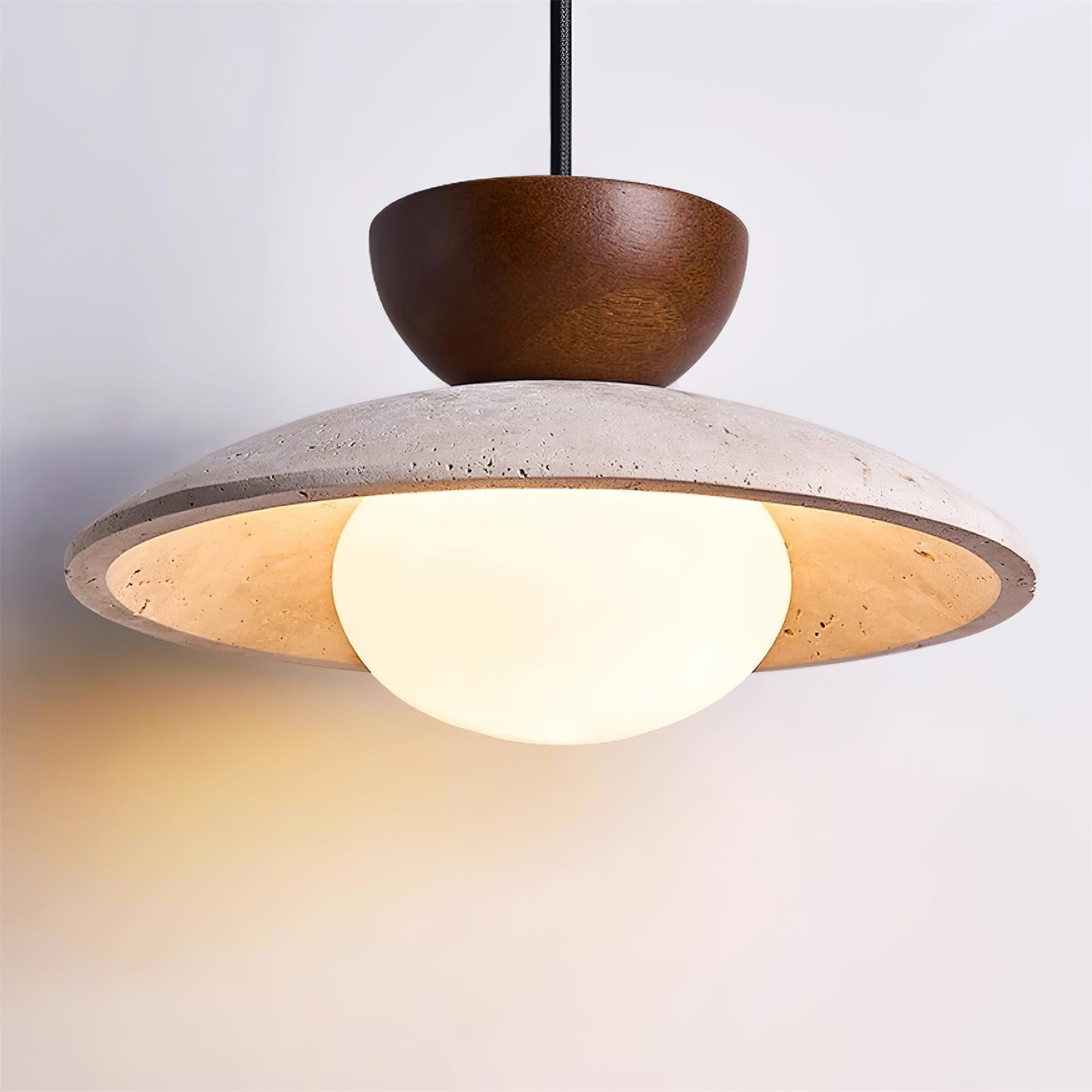 Travertine Stone Pendant Light with Wood Accent for Dining Room & Kitchen Island | Natural Glass Shade Hanging Ceiling Lamp | Thomler