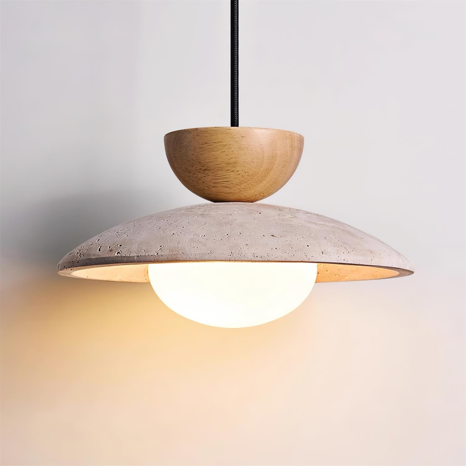 Travertine Stone Pendant Light with Wood Accent for Dining Room & Kitchen Island | Natural Glass Shade Hanging Ceiling Lamp | Thomler