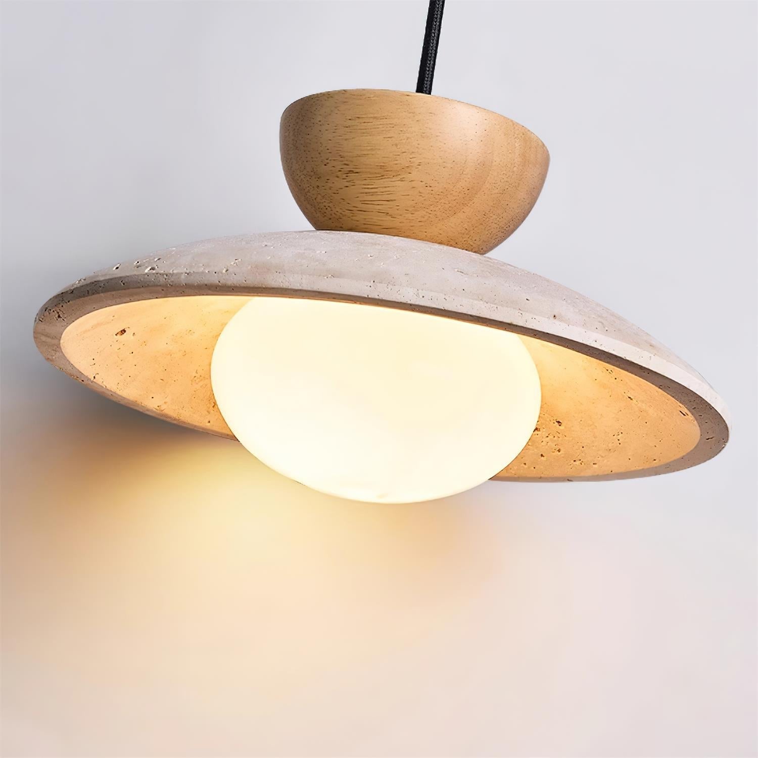 Travertine Stone Pendant Light with Wood Accent for Dining Room & Kitchen Island | Natural Glass Shade Hanging Ceiling Lamp | Thomler