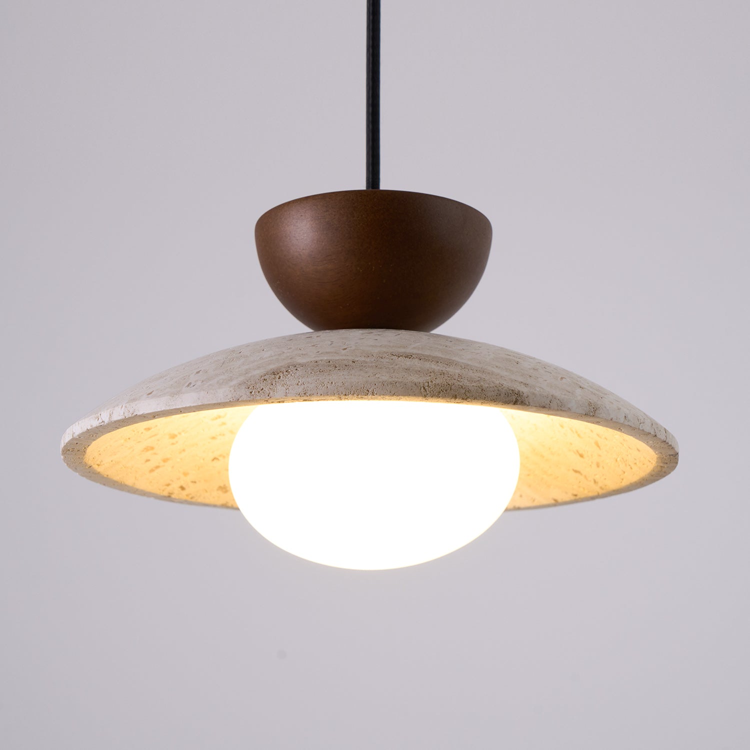 Travertine Stone Pendant Light with Wood Accent for Dining Room & Kitchen Island | Natural Glass Shade Hanging Ceiling Lamp | Thomler