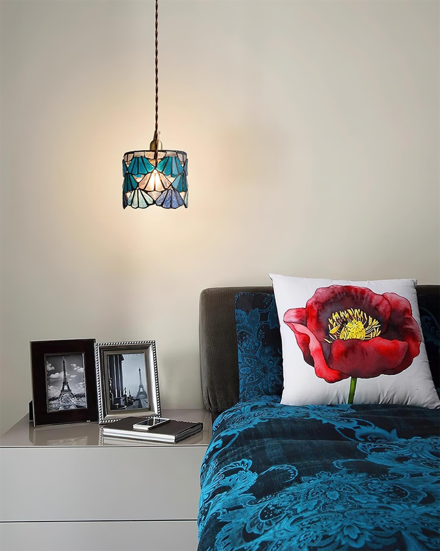 Pendant Light Glass 5.3 in Blue Pink Brass Stained Ceiling Lamp Vintage Home Dining Room Kitchen Lighting | Thomler