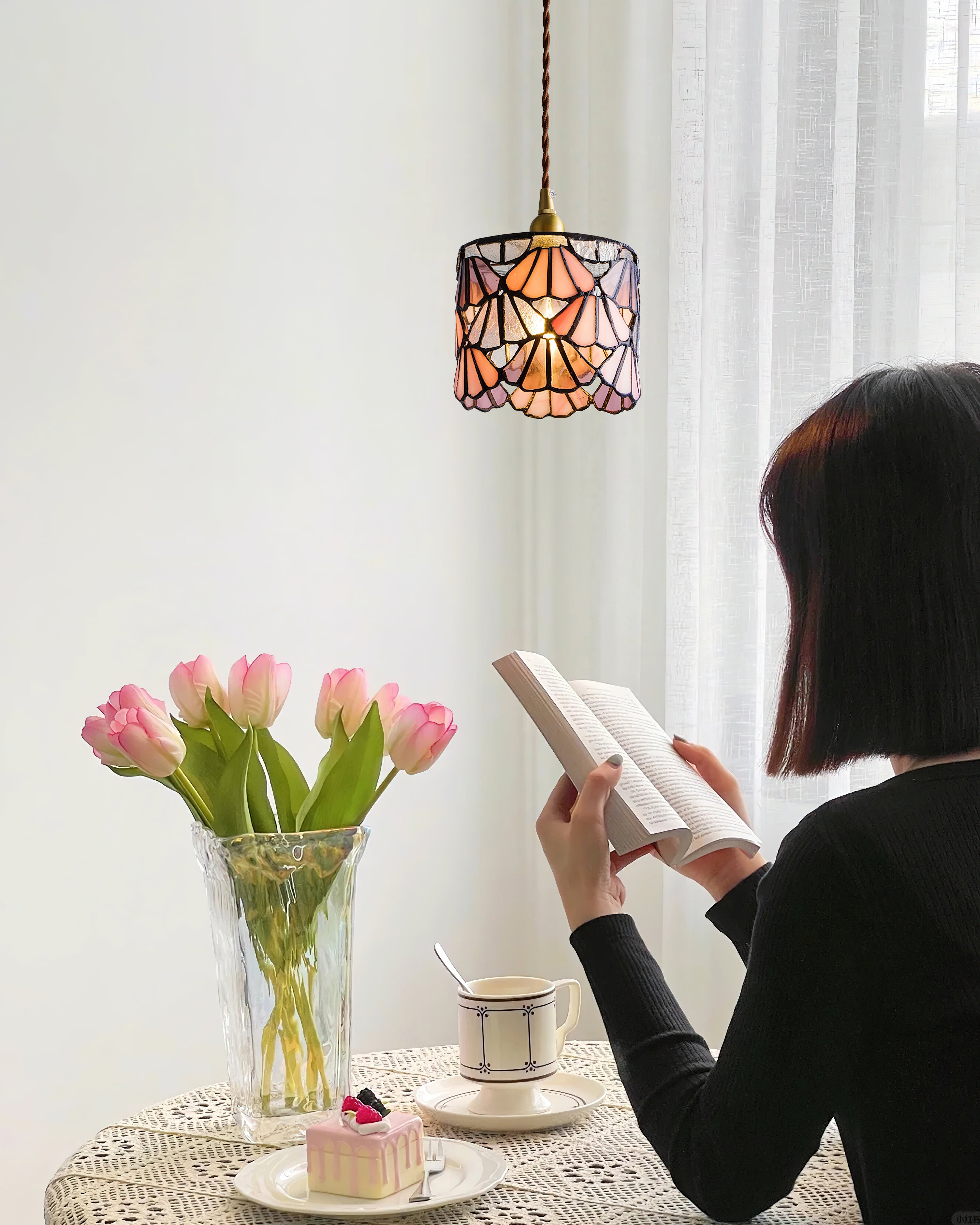 Pendant Light Glass 5.3 in Blue Pink Brass Stained Ceiling Lamp Vintage Home Dining Room Kitchen Lighting | Thomler