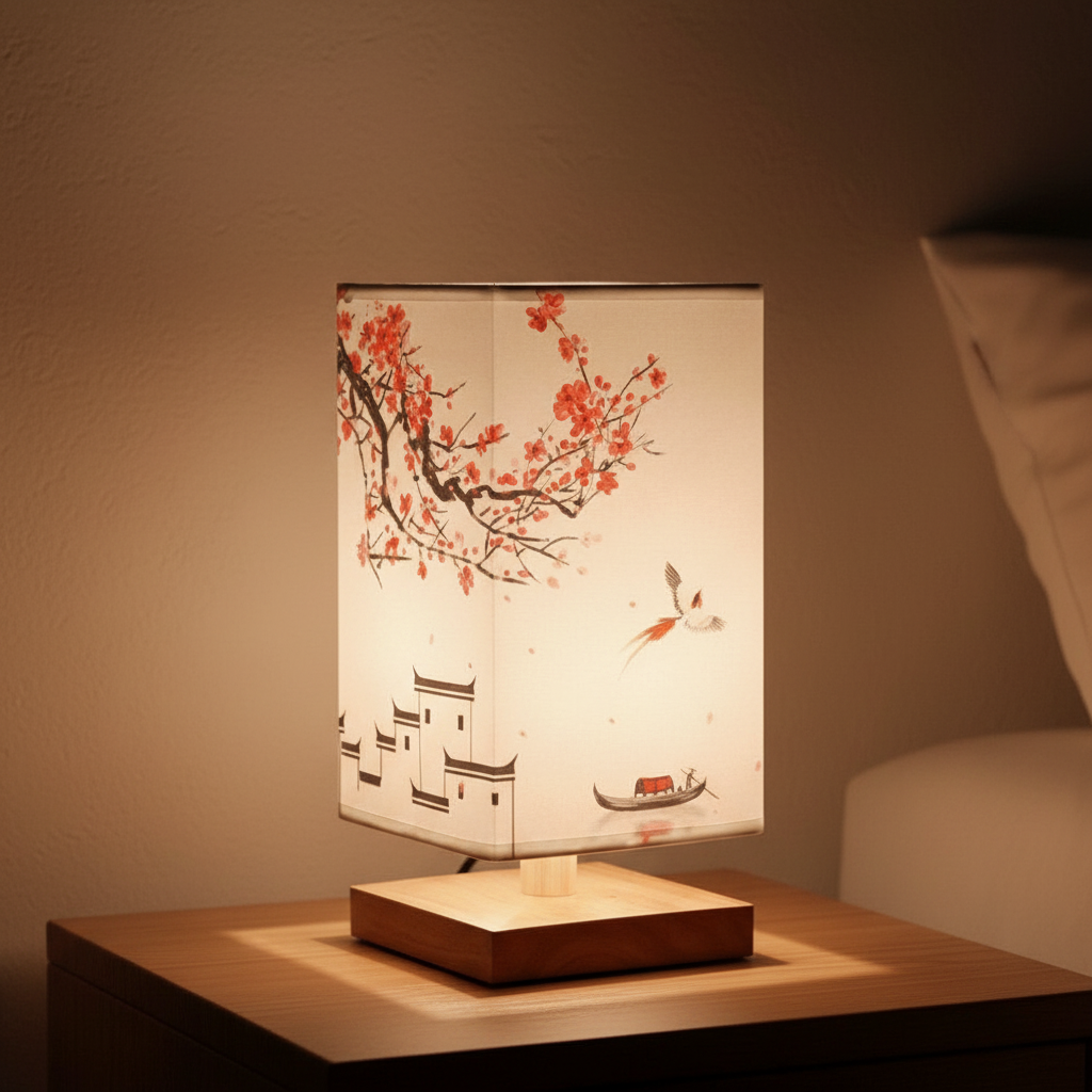 Table Lamp Wood Fabric Shade 27.9 cm Natural Bedroom Nightstand Japandi Scandinavian Mood Lighting Desk Lamp | Thomler