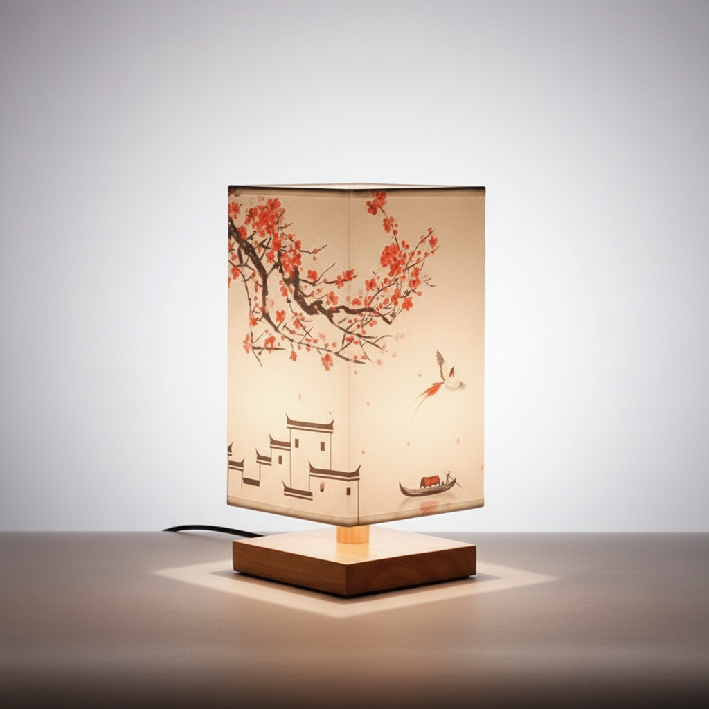 Table Lamp Wood Fabric Shade 27.9 cm Natural Bedroom Nightstand Japandi Scandinavian Mood Lighting Desk Lamp | Thomler