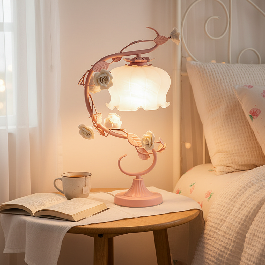 Table Lamp Metal Glass 23.0 cm Pink Bedroom Nightstand Floral Decorative Reading Light Shabby Chic Romantic Accent Lamp | Thomler