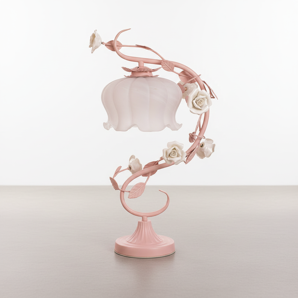 Table Lamp Metal Glass 23.0 cm Pink Bedroom Nightstand Floral Decorative Reading Light Shabby Chic Romantic Accent Lamp | Thomler