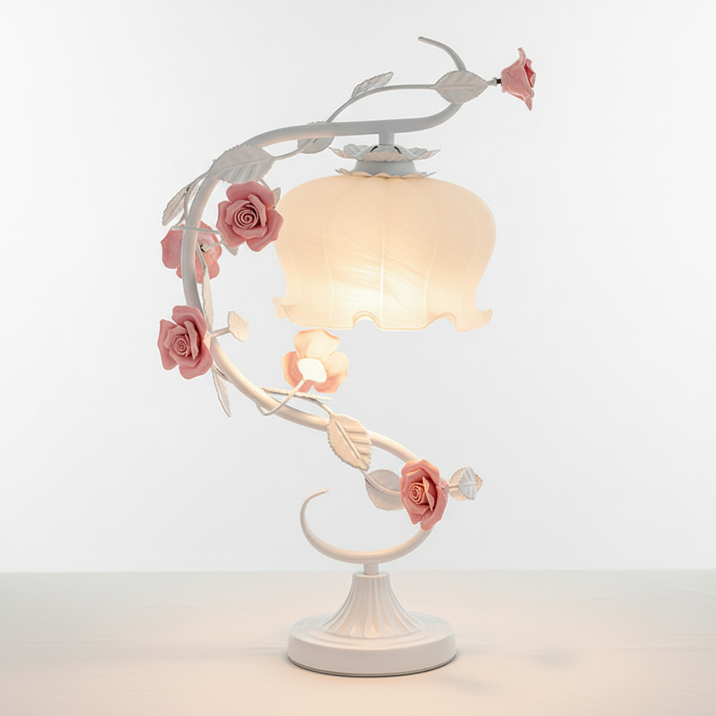 Table Lamp Metal Glass 23.0 cm Pink Bedroom Nightstand Floral Decorative Reading Light Shabby Chic Romantic Accent Lamp | Thomler