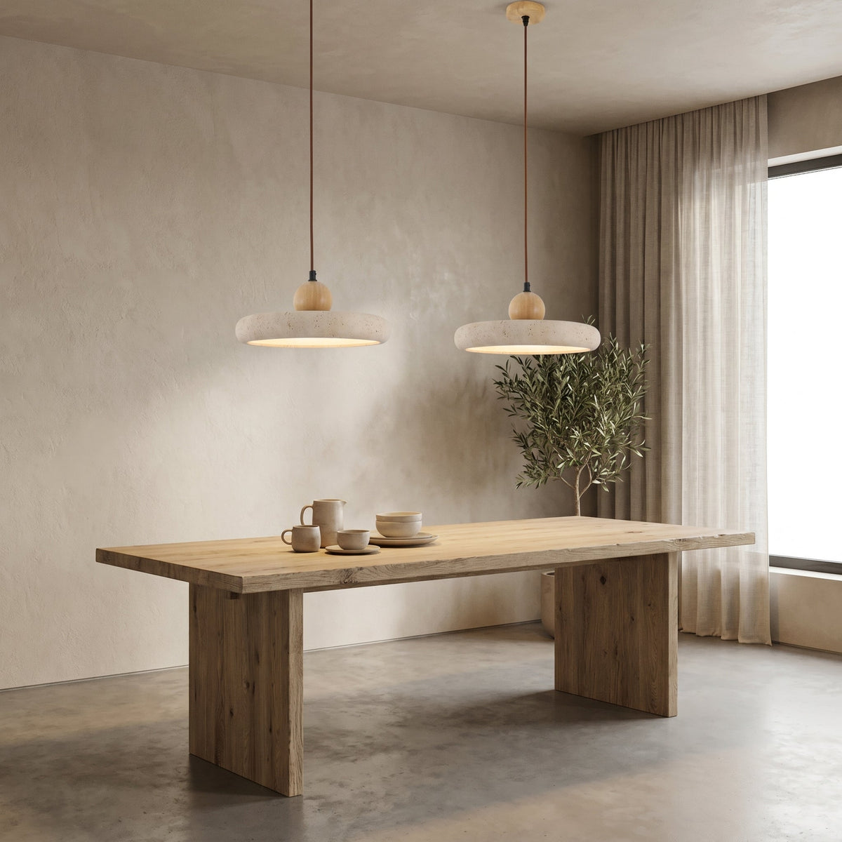 Travertine Stone & Wood Pendant Light – LED Ceiling Lamp for Dining Room, Kitchen Island & Bar – Scandinavian Minimalist Design | Thomler