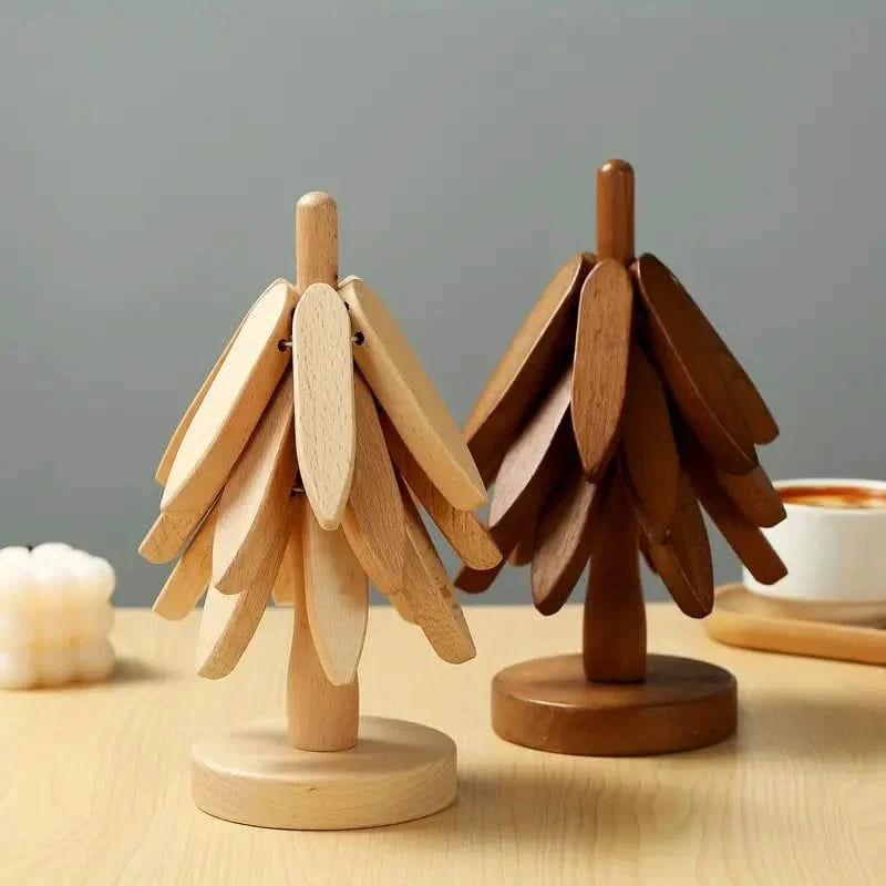 Evergreen Silhouette Wood Drink Mat Set – Natural Heat-Safe Table Protectors for Coffee Mugs & Tea Cups | Thomler