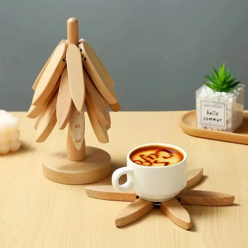 Evergreen Silhouette Wood Drink Mat Set – Natural Heat-Safe Table Protectors for Coffee Mugs & Tea Cups | Thomler