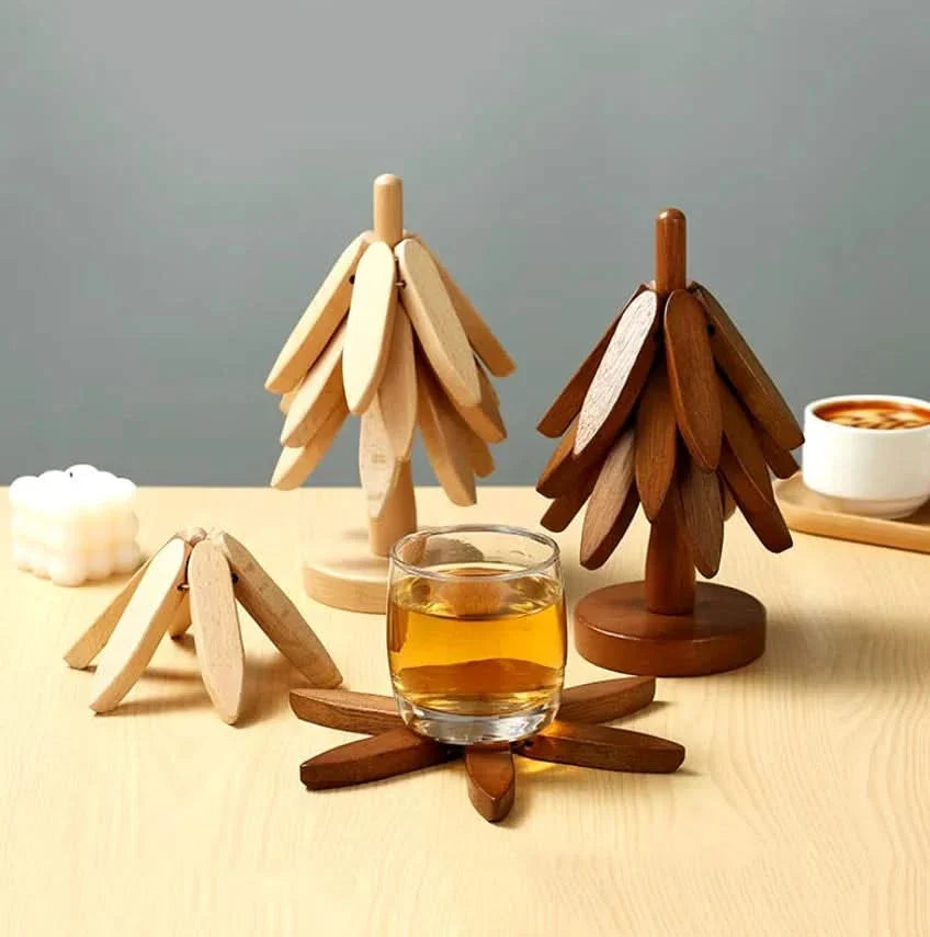Evergreen Silhouette Wood Drink Mat Set – Natural Heat-Safe Table Protectors for Coffee Mugs & Tea Cups | Thomler