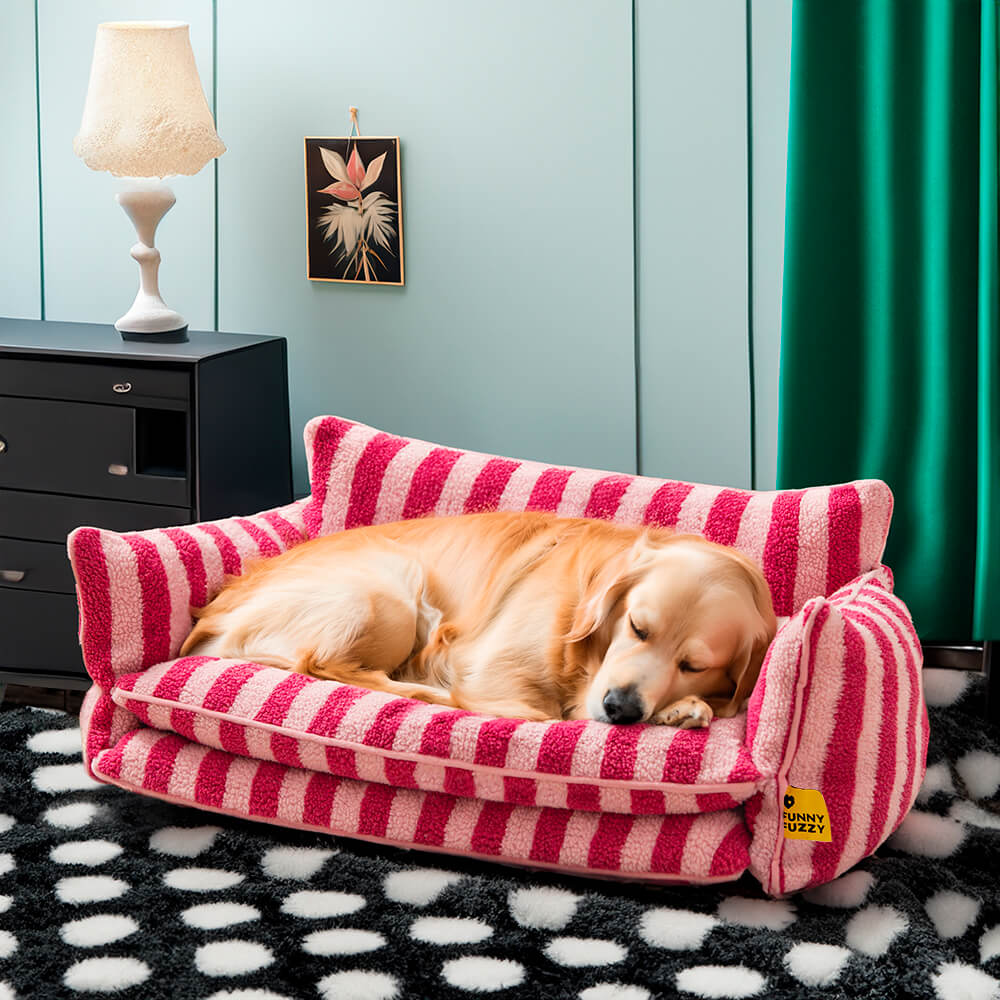 Plush Pet Couch with Washable Cover - Dual-Layer Cushioned Lounger for Dogs & Cats - Striped Fleece Nap Spot | Thomler