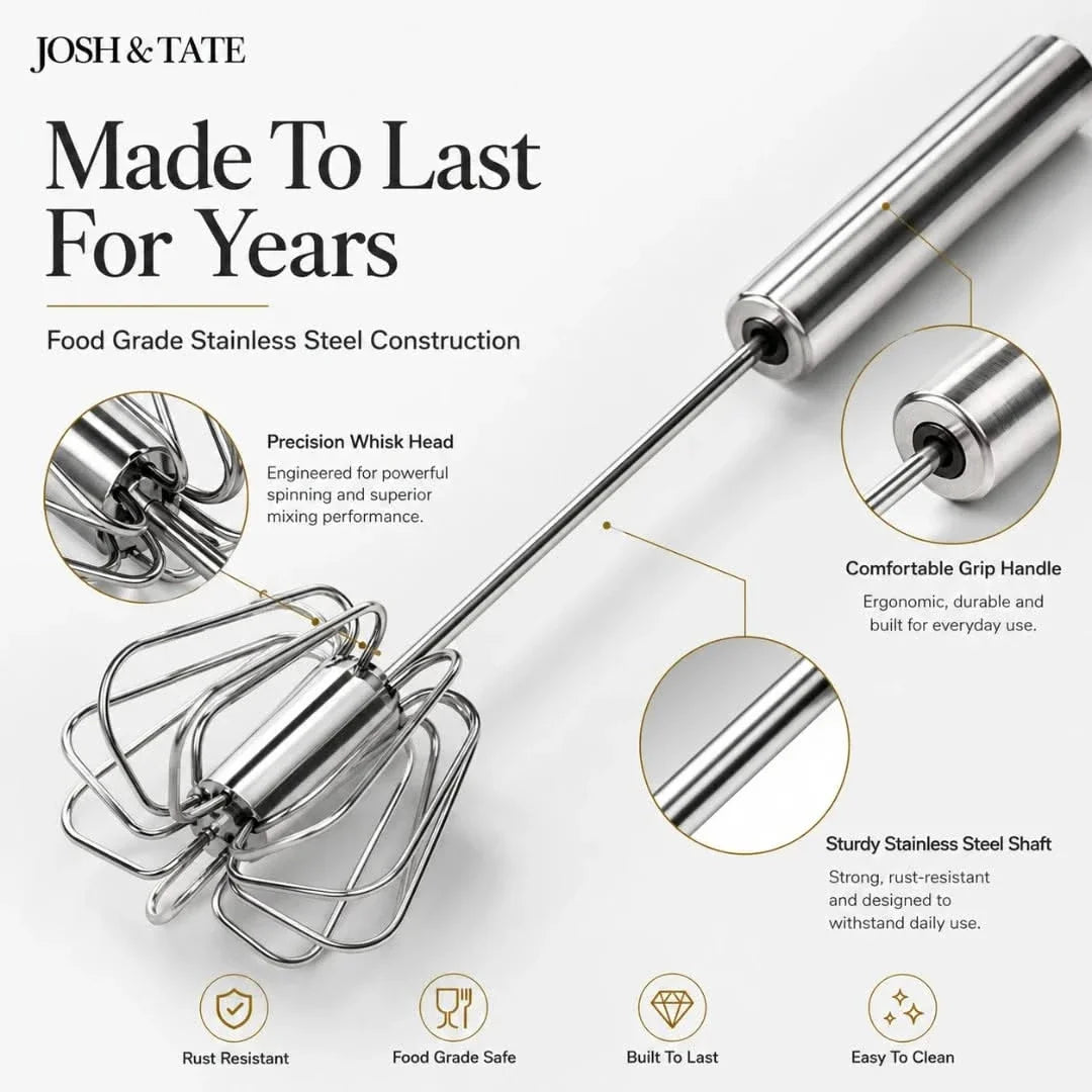 Manual Egg Beater with Push-Spin Action for Quick Mixing – Stainless Steel Kitchen Whisk for Eggs, Sauces, Smoothies & Cappuccino Foam | Thomler
