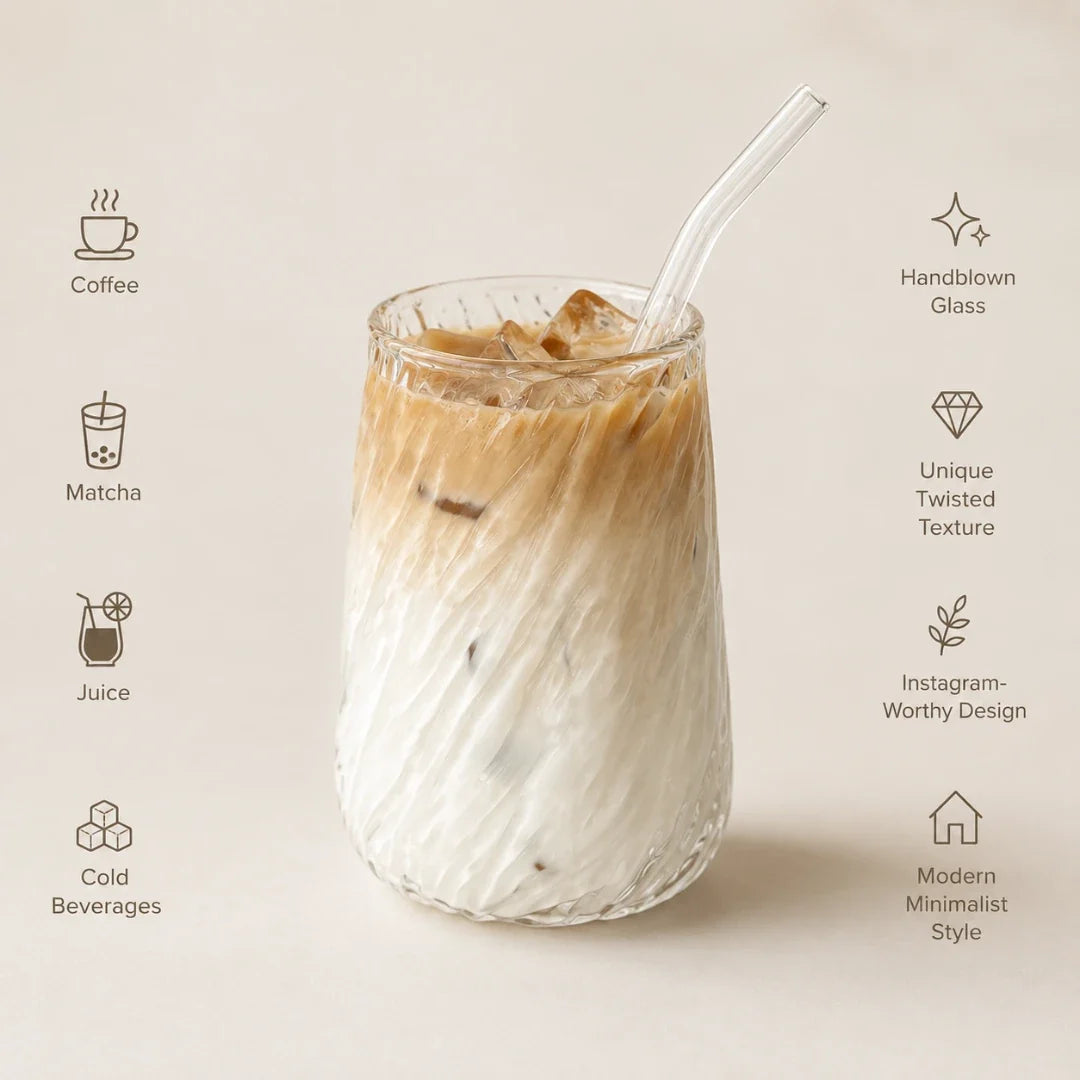 Spiral Ribbed Glass Tumbler with Reusable Straw – 13.5 oz Handcrafted Drinking Cup for Iced Coffee, Tea & Cocktails | Thomler