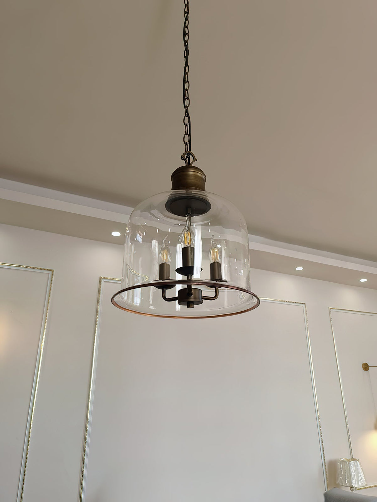 Iron & Glass Drop Chandelier with Metal Chain – Overhead Fixture for Kitchen, Dining, or Entryway | Thomler