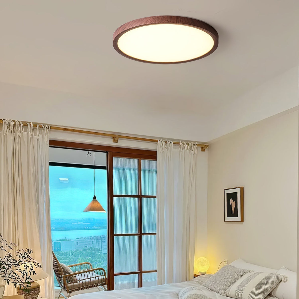 Slimline Flush-Mount LED Overhead Fixture – Faux Wood Grain Acrylic Panel – 12-20 in Diameter | Thomler